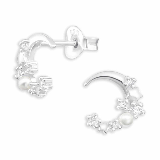 Moon and Star Ohrstecker aus 925 Sterling Silber mit Zirkonia und synthetischer Perle