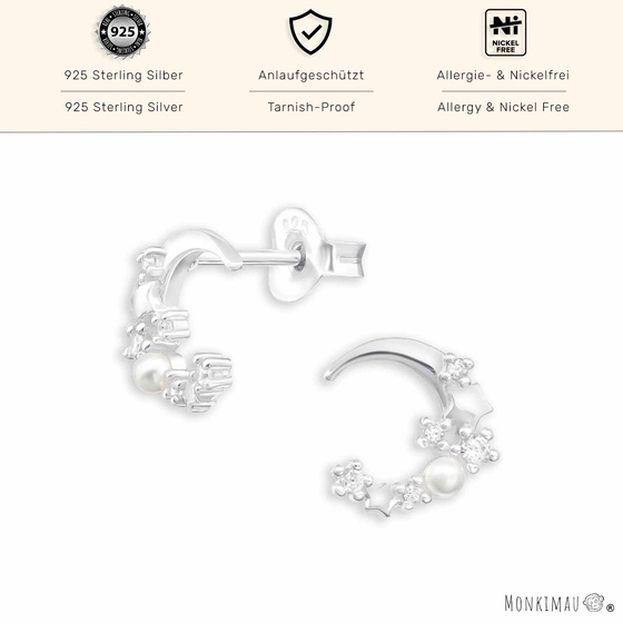Moon and Star Ohrstecker aus 925 Sterling Silber mit Zirkonia und synthetischer Perle