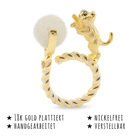 Das Bild mit Beschreibung zeigt Damen Ringe mit Katze Ball aus Messing Gold plattiert mit Emaille handbemalt