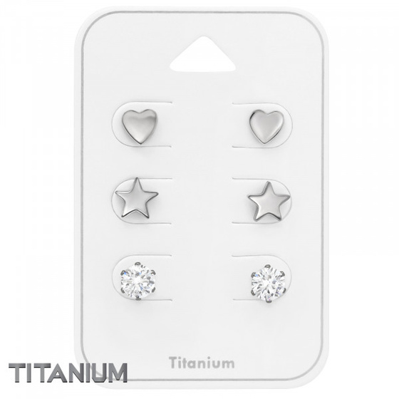 Titanium Ohrstecker Set Herz Stern Rund