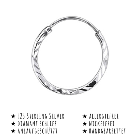 Das Bild mit Beschreibung zeigt Kinder Ohrringe Creole aus 925 Sterling Silver echt Silber mit Diamant Schliff