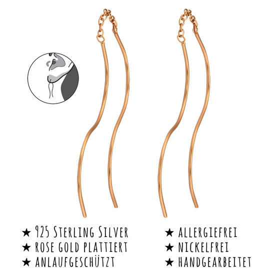 Das Bild mit Beschreibung zeigt Damen Ohrringe Gewellte Durchzieher aus 925 Sterling Silver echt Silber mit rose Gold plattiert
