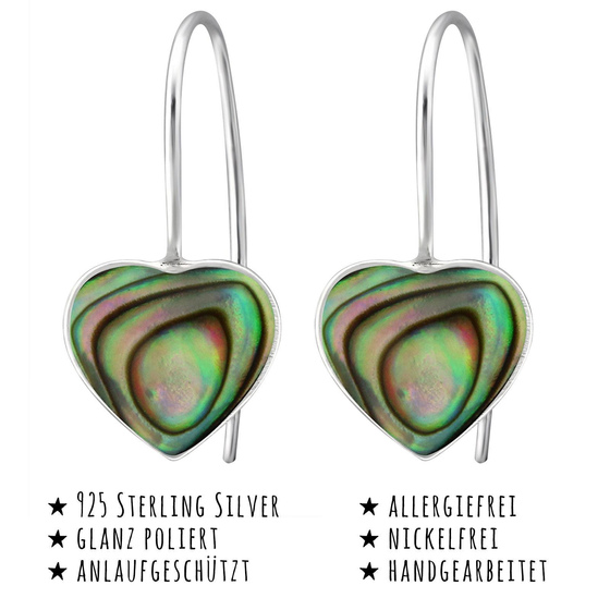Das Bild mit Beschreibung zeigt Damen Ohrringe Herz Ohrhnger aus 925 Sterling Silver echt Silber mit Muschel Imitat