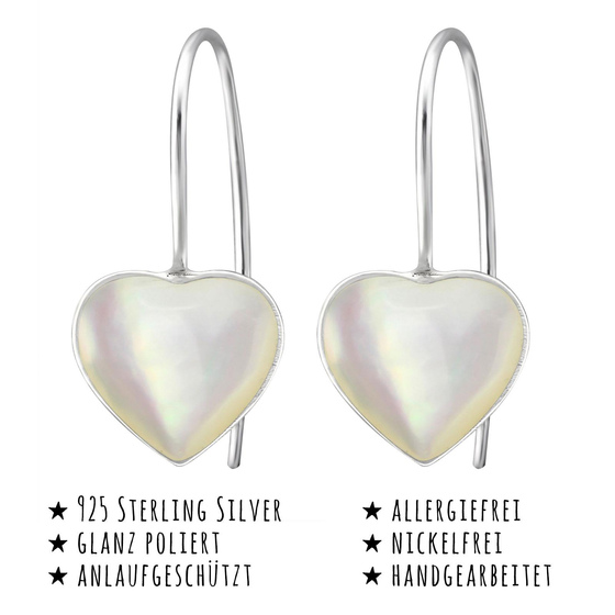 Das Bild mit Beschreibung zeigt Damen Ohrringe Herz Ohrhnger aus 925 Sterling Silver echt Silber mit Muschel Imitat