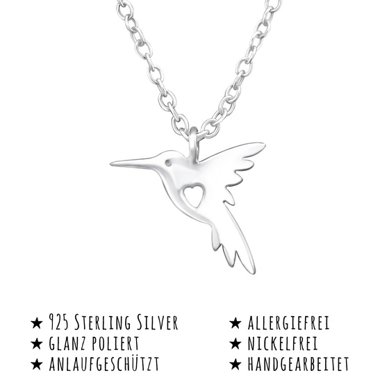 Das Bild mit Beschreibung zeigt eine Damen Kette mit Kolibri Anhnger aus 925 Sterling Silver echt Silber mit 45cm lnge