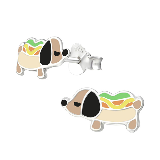 Auf dem Bild zu sehen sind Kinder Ohrringe Hot Dog Dackel Ohrstecker aus 925 Sterling Silver echt Silber