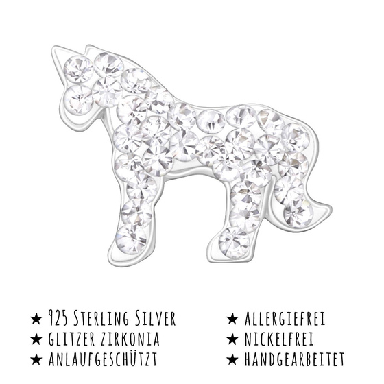 Das Bild mit Beschreibung zeigt Kinder Ohrringe Pferd Ohrstecker aus 925 Sterling Silver echt Silber mit 62 Kristallen