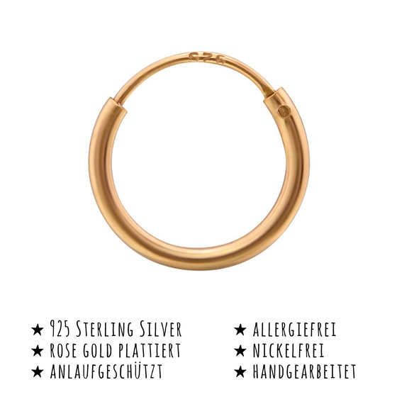 Das Bild mit Beschreibung zeigt Damen Ohrringe Creolen aus 925 Sterling Silver echt Silber mit rose Gold plattiert Durchmesser 10mm