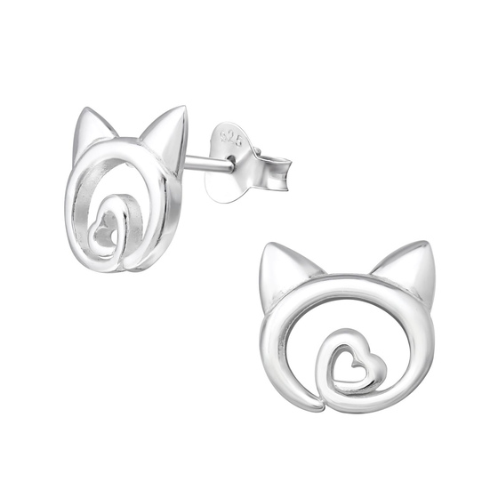 Auf dem Bild zu sehen sind Damen Ohrringe Katzen Ohrstecker aus 925 Sterling Silver echt Silber mit Herzchen