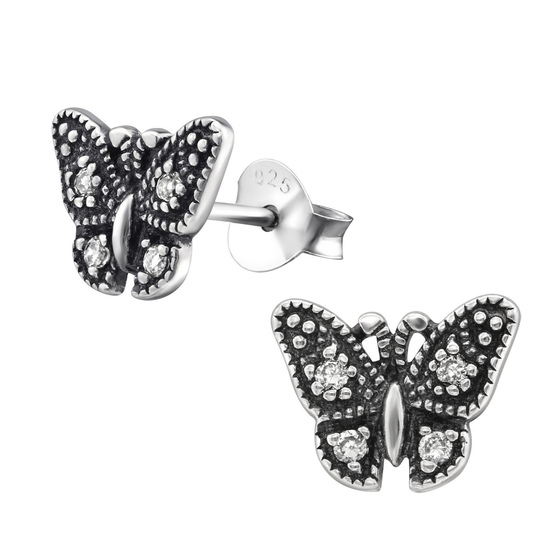 Auf dem Bild zu sehen sind Damen Ohrringe Schmetterling Ohrstecker aus 925 Sterling Silver echt Silber mit 8 Kristallen