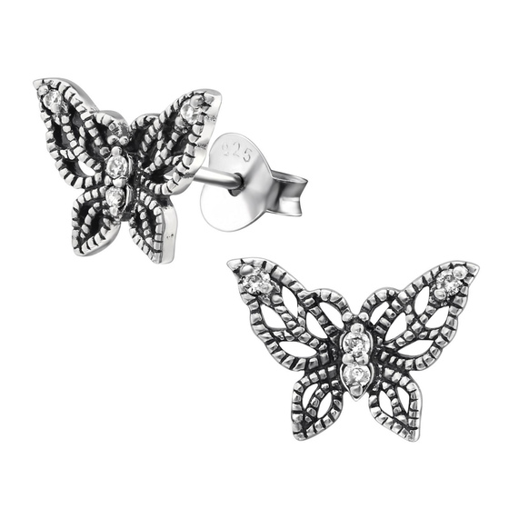 Auf dem Bild zu sehen sind Damen Ohrringe Schmetterling Ohrstecker aus 925 Sterling Silver echt Silber mit 8 Kristallen