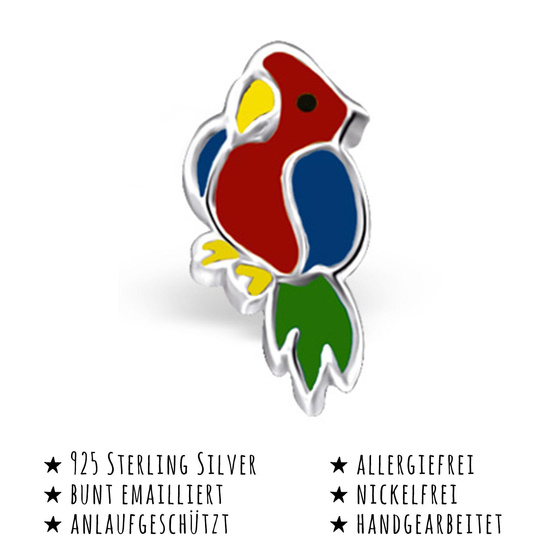 Das Bild mit Beschreibung zeigt Kinder Ohrringe Papagei Ohrstecker aus 925 Sterling Silver echt Silber