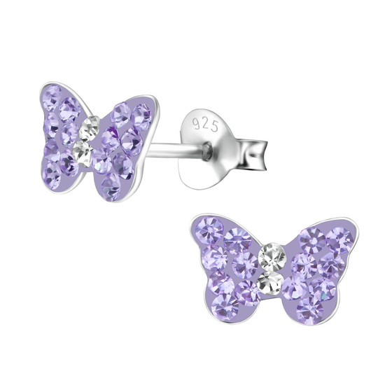 Auf dem Bild zu sehen sind Kinder Ohrringe Schmetterling Ohrstecker aus 925 Sterling Silver echt Silber mit 32 Kristallen