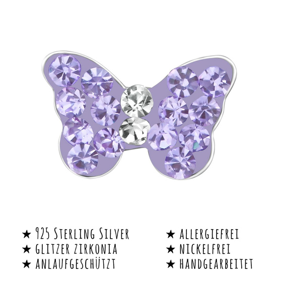 Das Bild mit Beschreibung zeigt Kinder Ohrringe Schmetterling Ohrstecker aus 925 Sterling Silver echt Silber mit 32 Kristallen