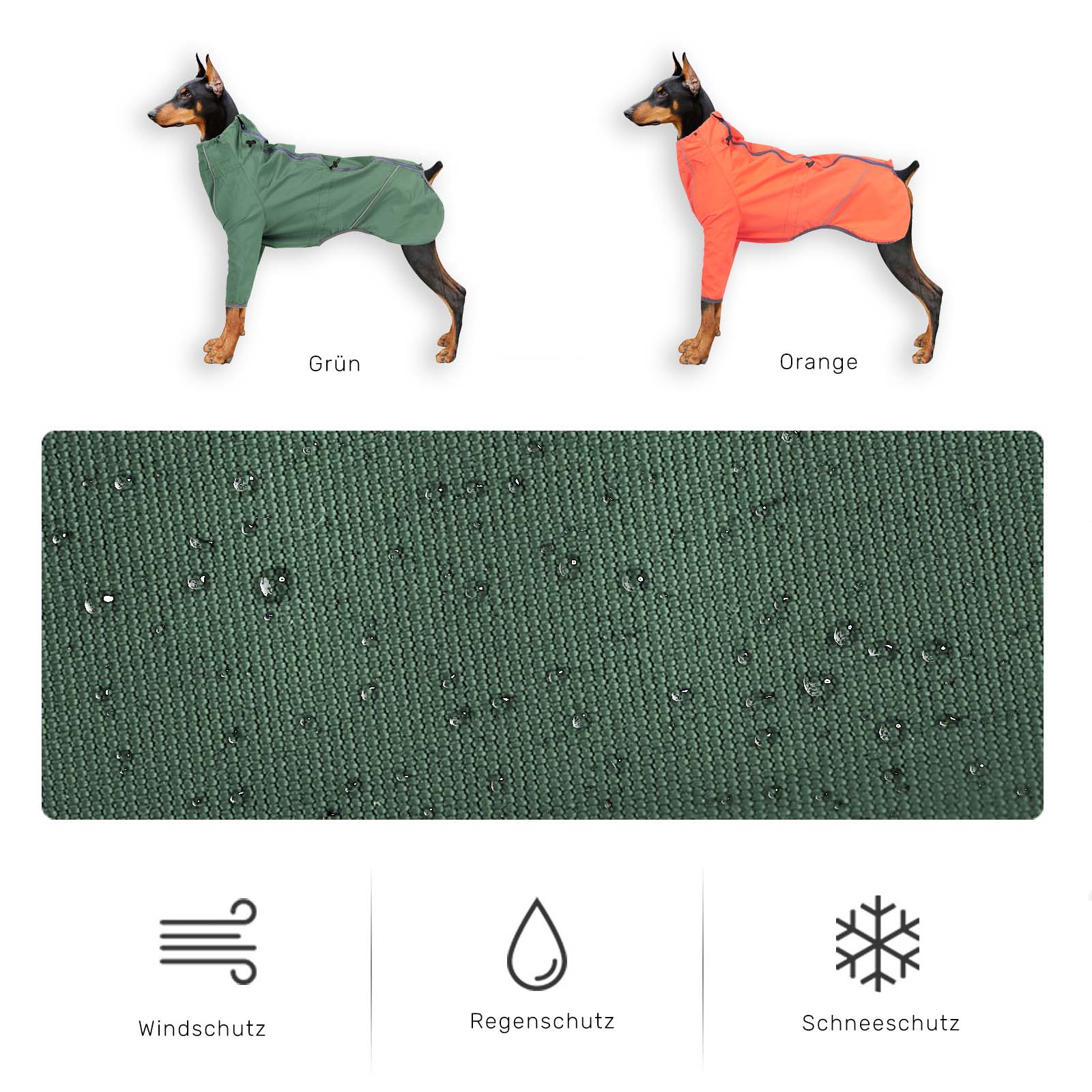 Grner und orangener wasserdichter Hunderegenmantel in Premium-Qualitt, leicht und atmungsaktiv, ideal fr mittelgroe und groe Hunde. Perfekter Schutz bei Regenwetter.