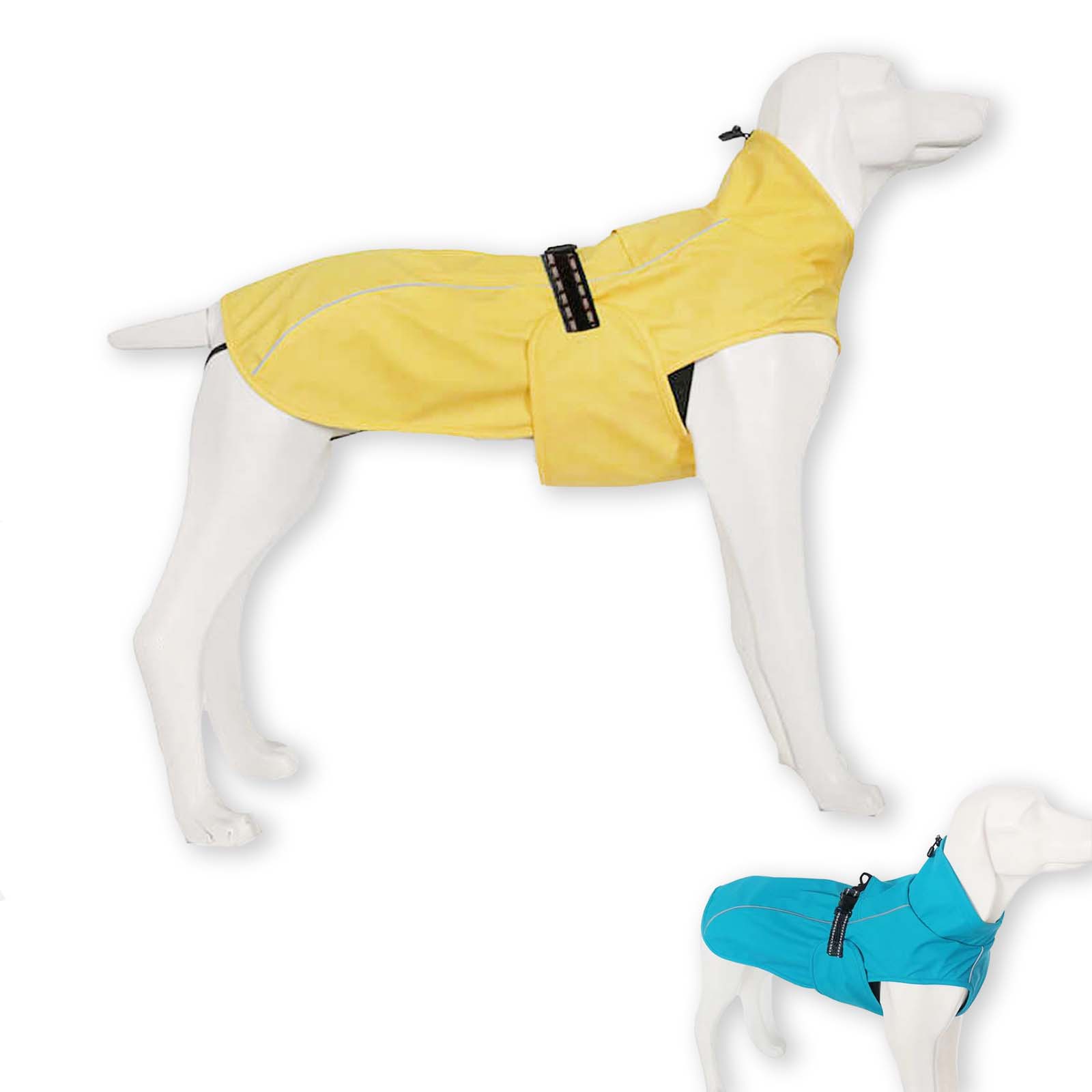 Gelbe und blaue wasserdichte Regenmntel fr Hunde, ausgestattet mit integriertem Geschirr. Leicht und atmungsaktiv, ideal fr mittlere bis groe Hunde, bieten sie optimalen Schutz bei Regenwetter.